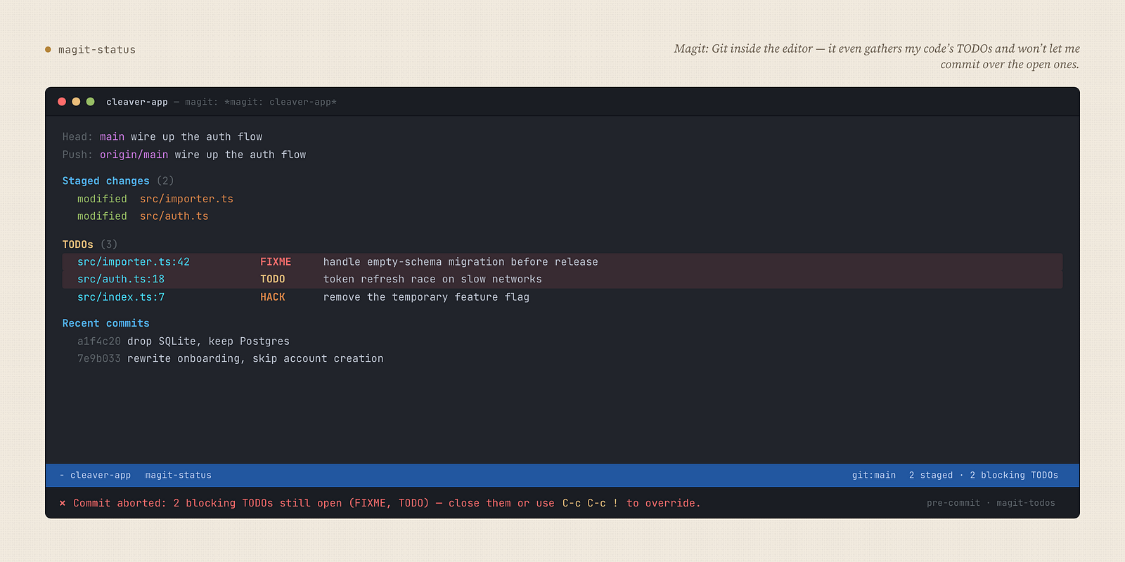 Magit: Git inside the editor — it even gathers my code’s TODOs and won’t let me commit over the open ones.