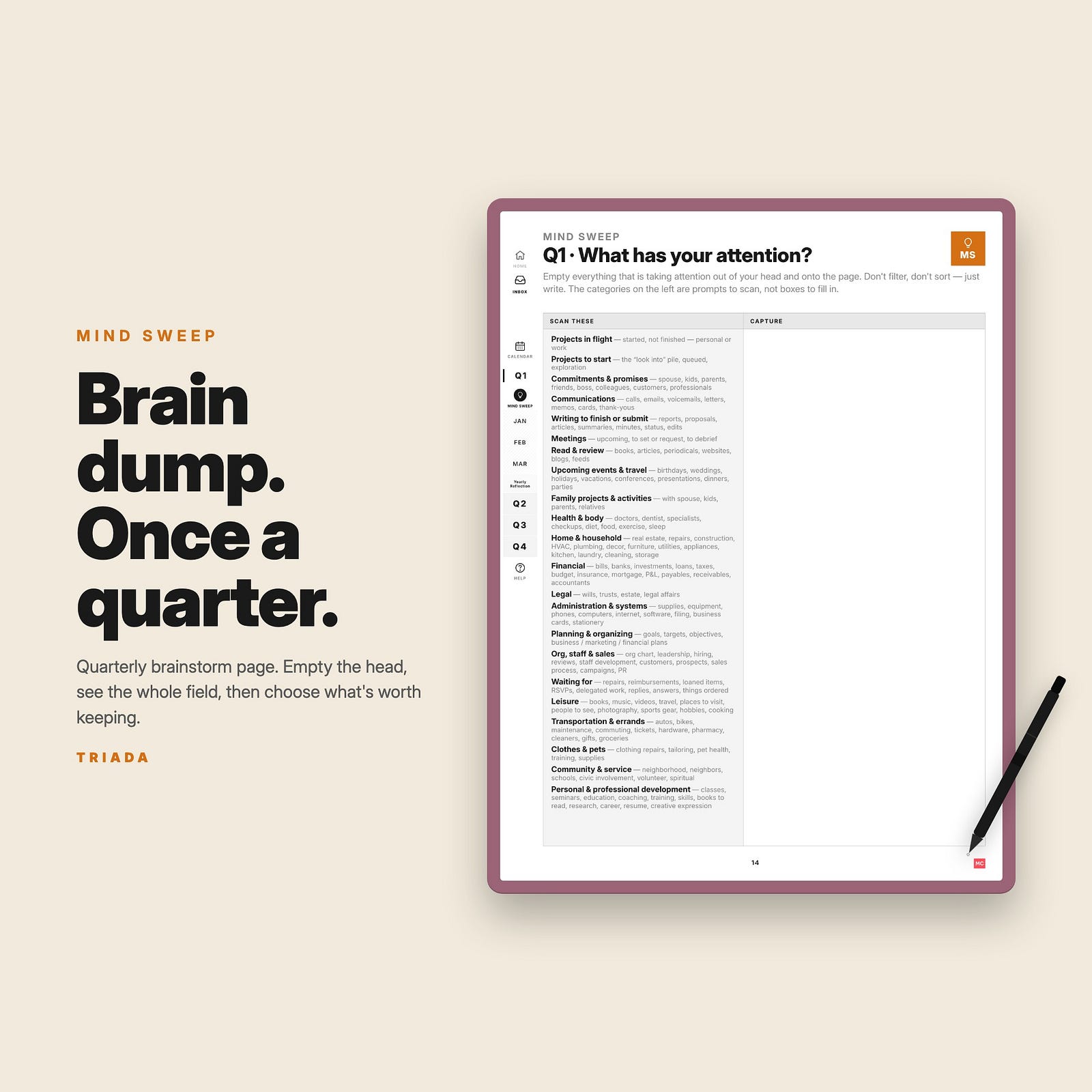 Triada Mind Sweep page — one per quarter — clearing L-mode clutter to free R-mode