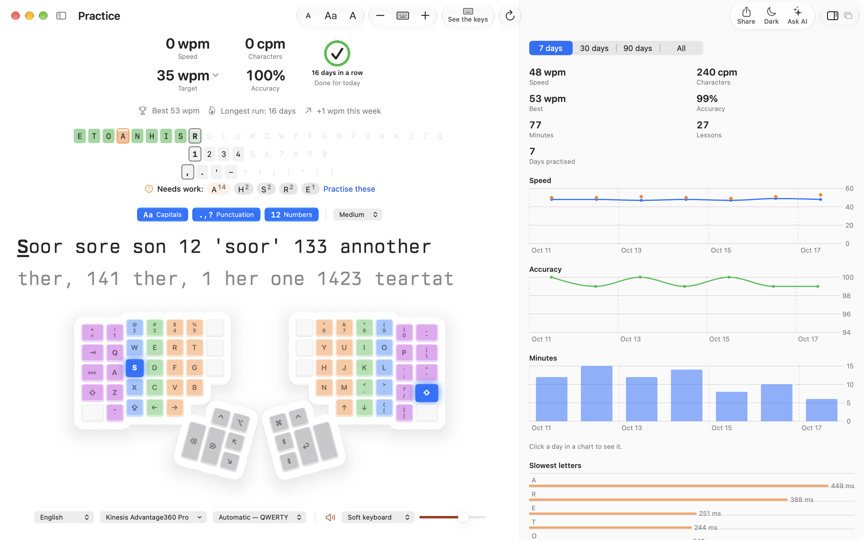 Practice, with its statistics beside it