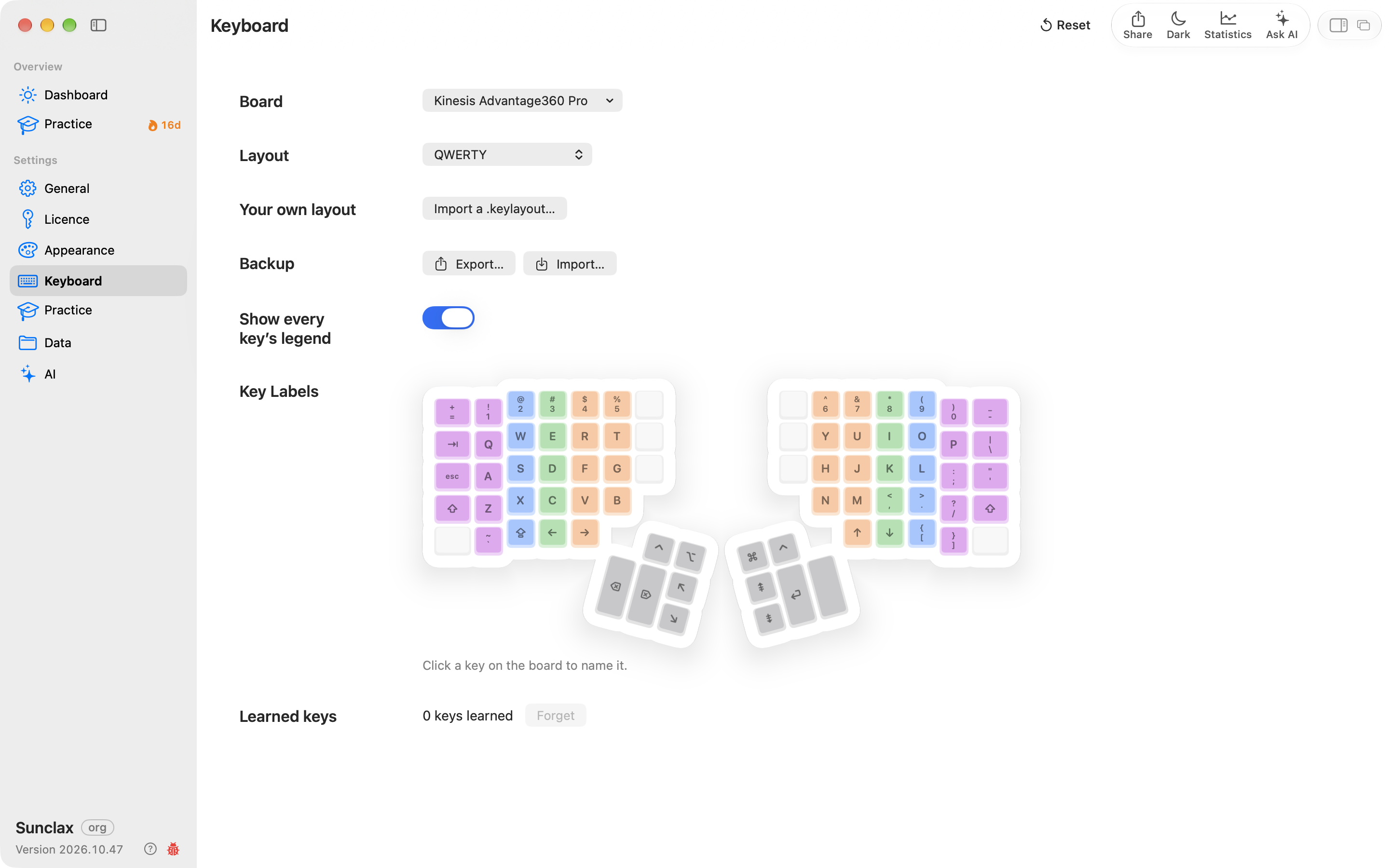 Settings: your board, your layout, the key labels